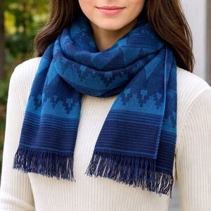 KUNA‎ Stana Baby Alpaca Scarf Blue Geometric Fringe Peru NWT